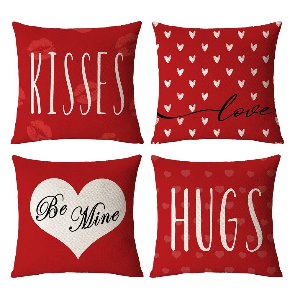 1961 Happy Valentines Day Pillow Covers 16x16 Set of 4 Red Love Heart Throw